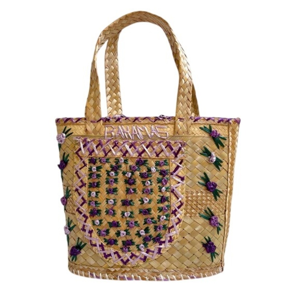 Vintage Y2K Handmade Farmers Market Purple Floral Woven Wicker Bucket Bag